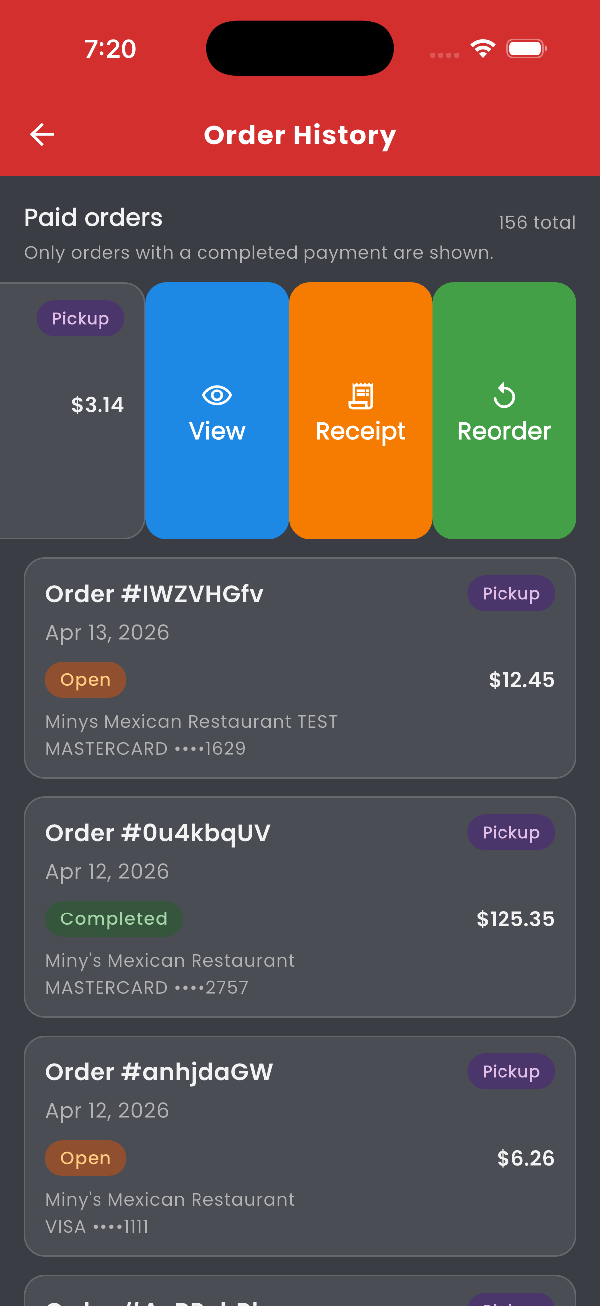 Step 8 Profile Order History screen