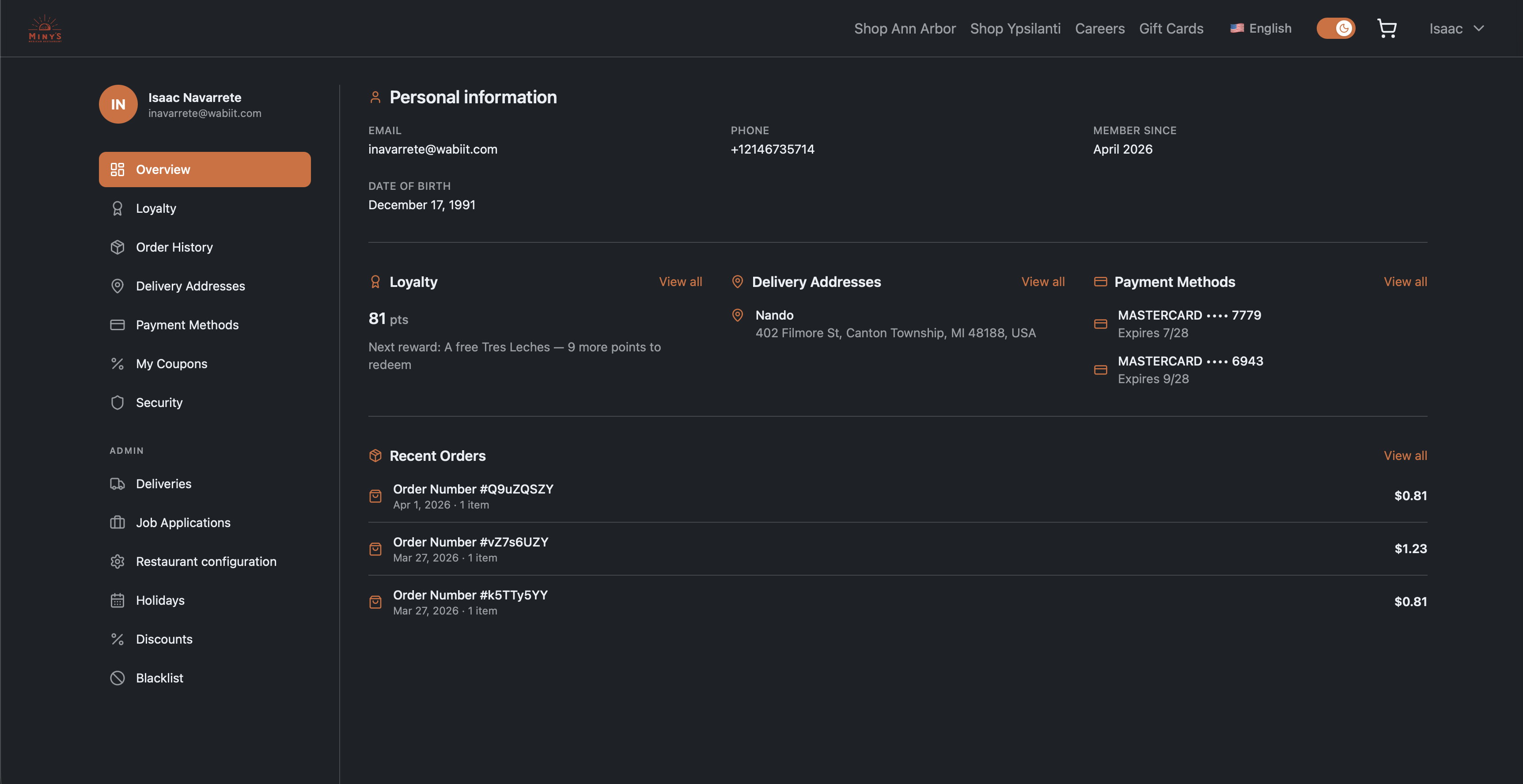 User Profile Overview screen